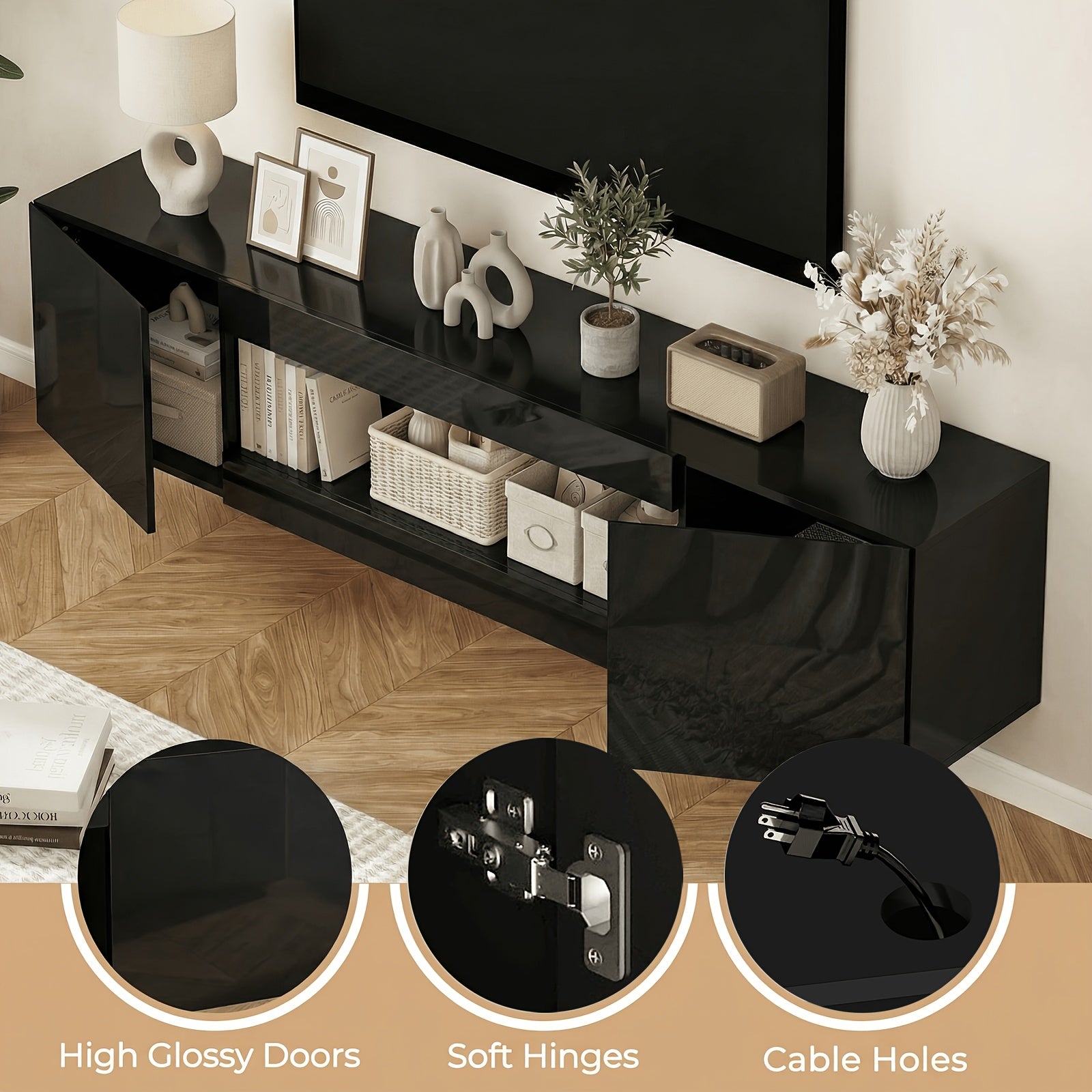 70 Inch Floating TV Shelf for Tvs Up to 75 Inch, Floating TV Stand with Storage Under TV for Living Room, TV Console Cabinet Wall Mounted, for Living Room, Black