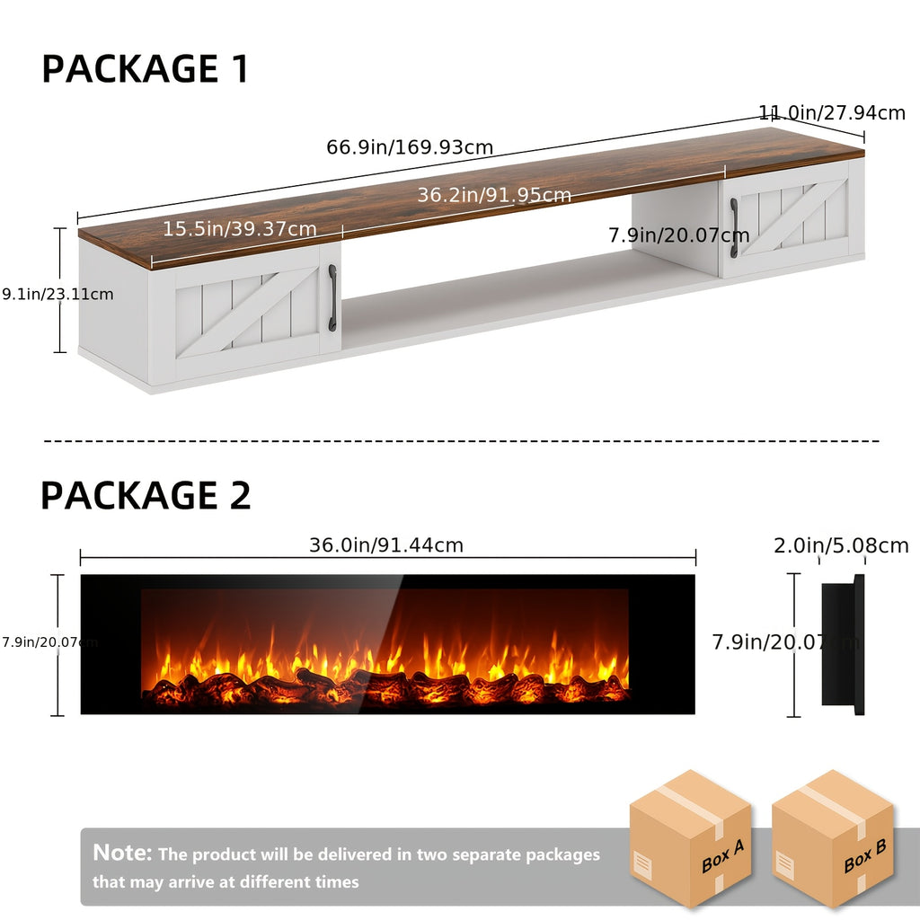 Farmhouse Floating TV Shelf With Flip Doors Featuring A Floating TV Stand And An Electric Fireplace Heaterless, Suitable For Tvs Measuring Up To 78, 80 Inches, Wall Mounted Entertainment Center With Storage, TV Floating Cabinet For Living Room