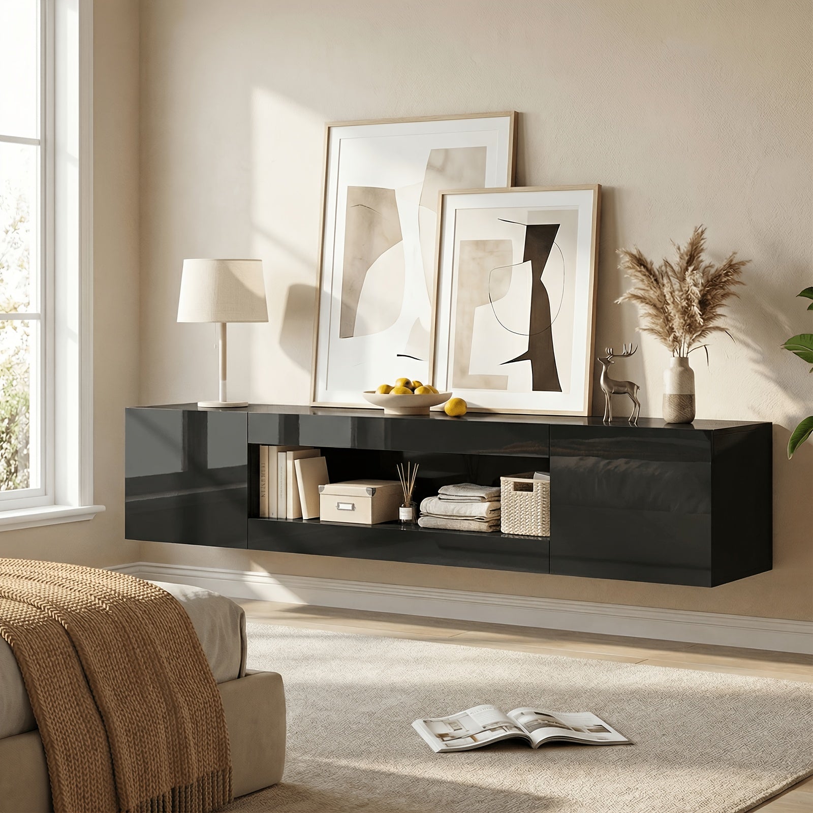 70 Inch Floating TV Shelf for Tvs Up to 75 Inch, Floating TV Stand with Storage Under TV for Living Room, TV Console Cabinet Wall Mounted, for Living Room, Black