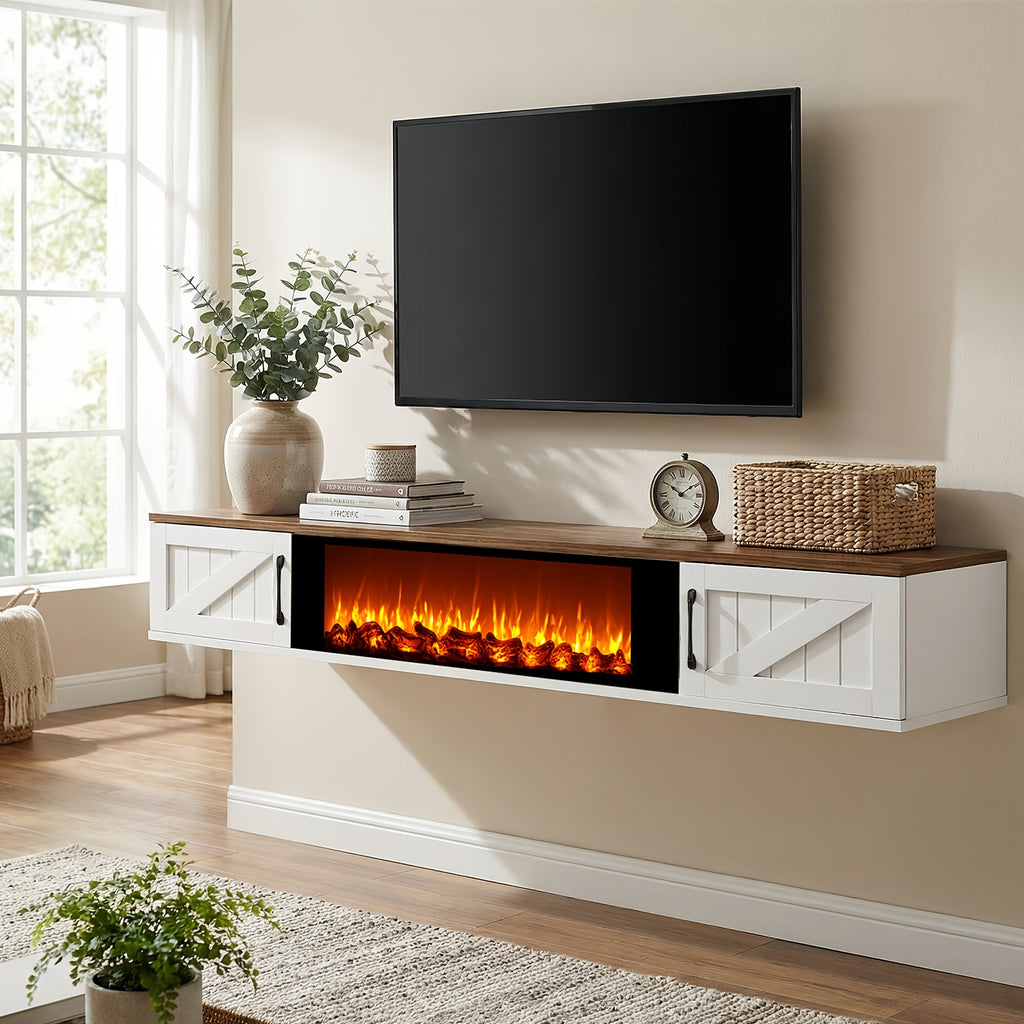 Farmhouse Floating TV Shelf With Flip Doors Featuring A Floating TV Stand And An Electric Fireplace Heaterless, Suitable For Tvs Measuring Up To 78, 80 Inches, Wall Mounted Entertainment Center With Storage, TV Floating Cabinet For Living Room