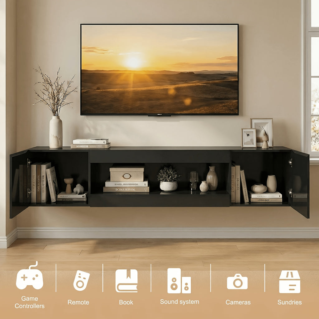 70 Inch Floating TV Shelf for Tvs Up to 75 Inch, Floating TV Stand with Storage Under TV for Living Room, TV Console Cabinet Wall Mounted, for Living Room, Black