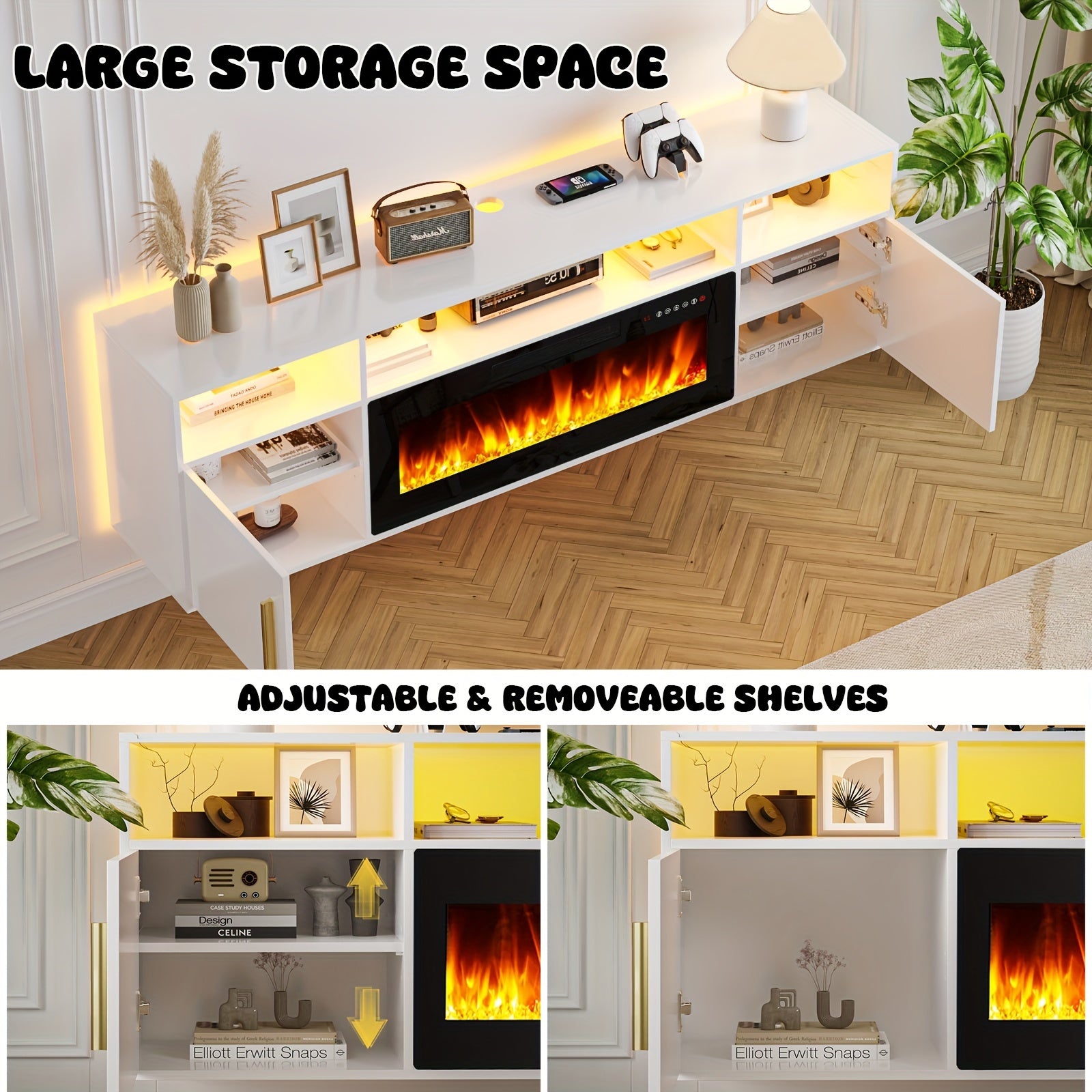 Modern TV Stand 70'' Modern Wood Floating Fireplace TV Stand | Wall Mounted Shelf, LED Light Entertainment Center And Storage, Highlight Cabinet for Living Room