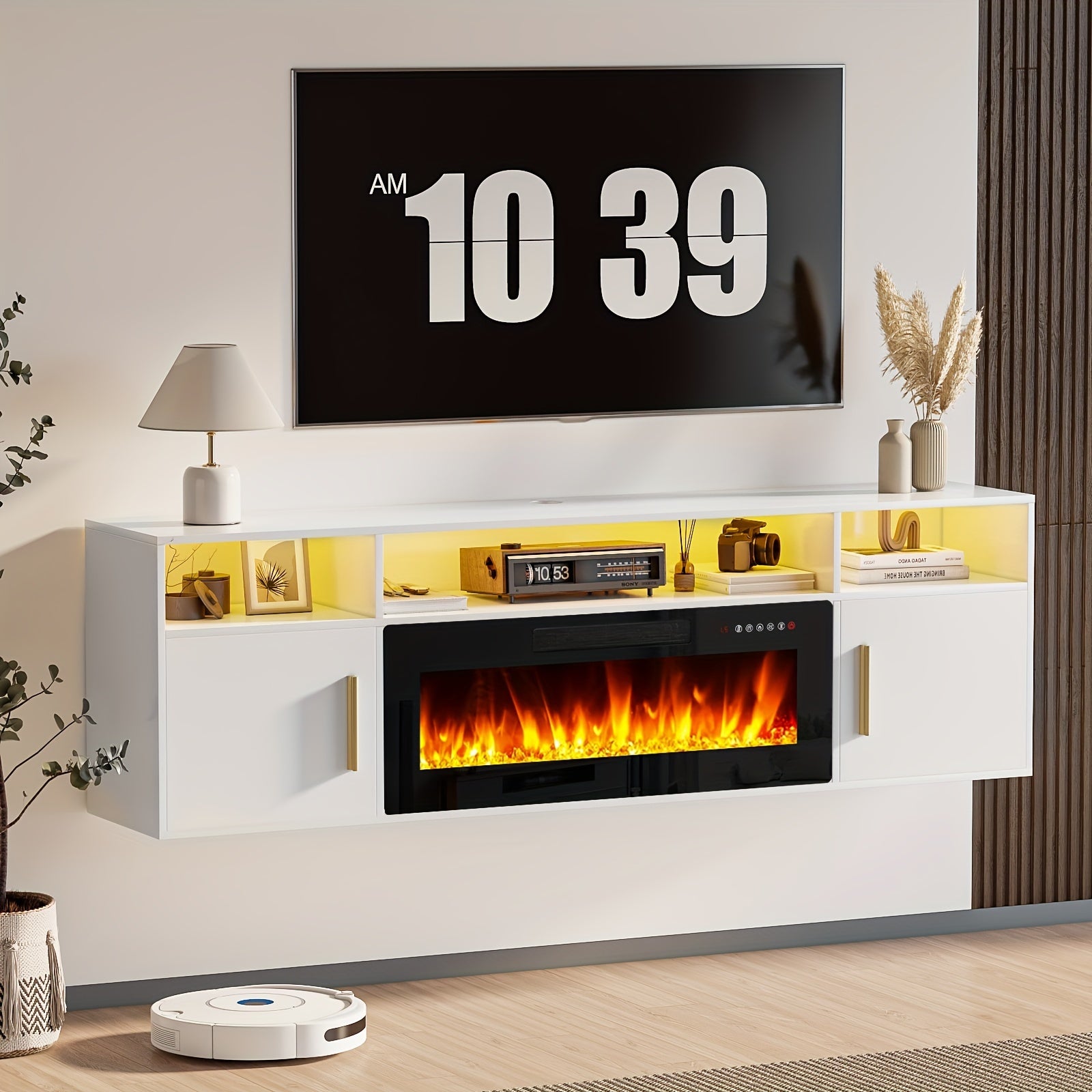 Modern TV Stand 70'' Modern Wood Floating Fireplace TV Stand | Wall Mounted Shelf, LED Light Entertainment Center And Storage, Highlight Cabinet for Living Room