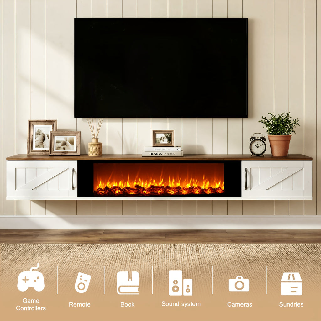 Farmhouse Floating TV Shelf With Flip Doors Featuring A Floating TV Stand And An Electric Fireplace Heaterless, Suitable For Tvs Measuring Up To 78, 80 Inches, Wall Mounted Entertainment Center With Storage, TV Floating Cabinet For Living Room