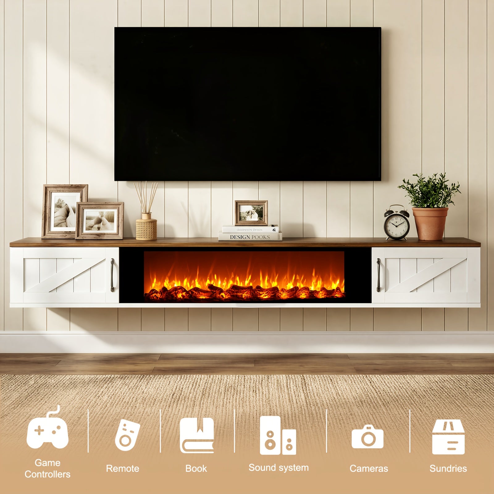 Farmhouse Floating TV Shelf With Flip Doors Featuring A Floating TV Stand And An Electric Fireplace Heaterless, Suitable For Tvs Measuring Up To 78, 80 Inches, Wall Mounted Entertainment Center With Storage, TV Floating Cabinet For Living Room