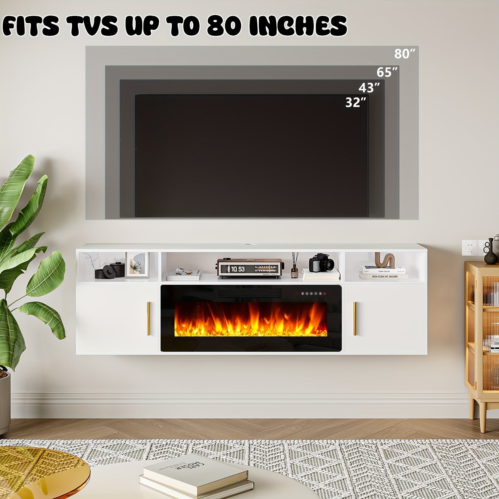 Modern TV Stand 70'' Modern Wood Floating Fireplace TV Stand | Wall Mounted Shelf, LED Light Entertainment Center And Storage, Highlight Cabinet for Living Room
