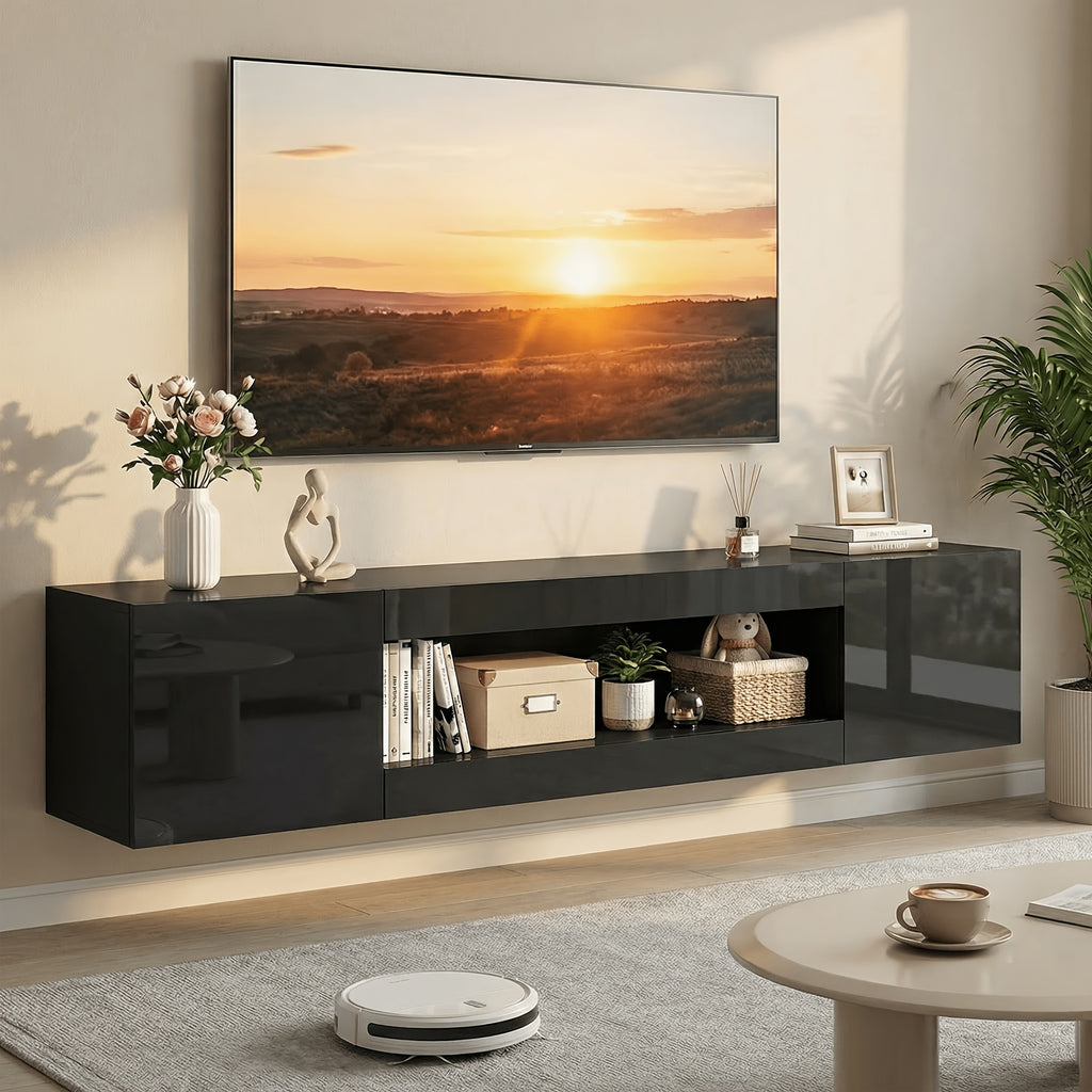 70 Inch Floating TV Shelf for Tvs Up to 75 Inch, Floating TV Stand with Storage Under TV for Living Room, TV Console Cabinet Wall Mounted, for Living Room, Black