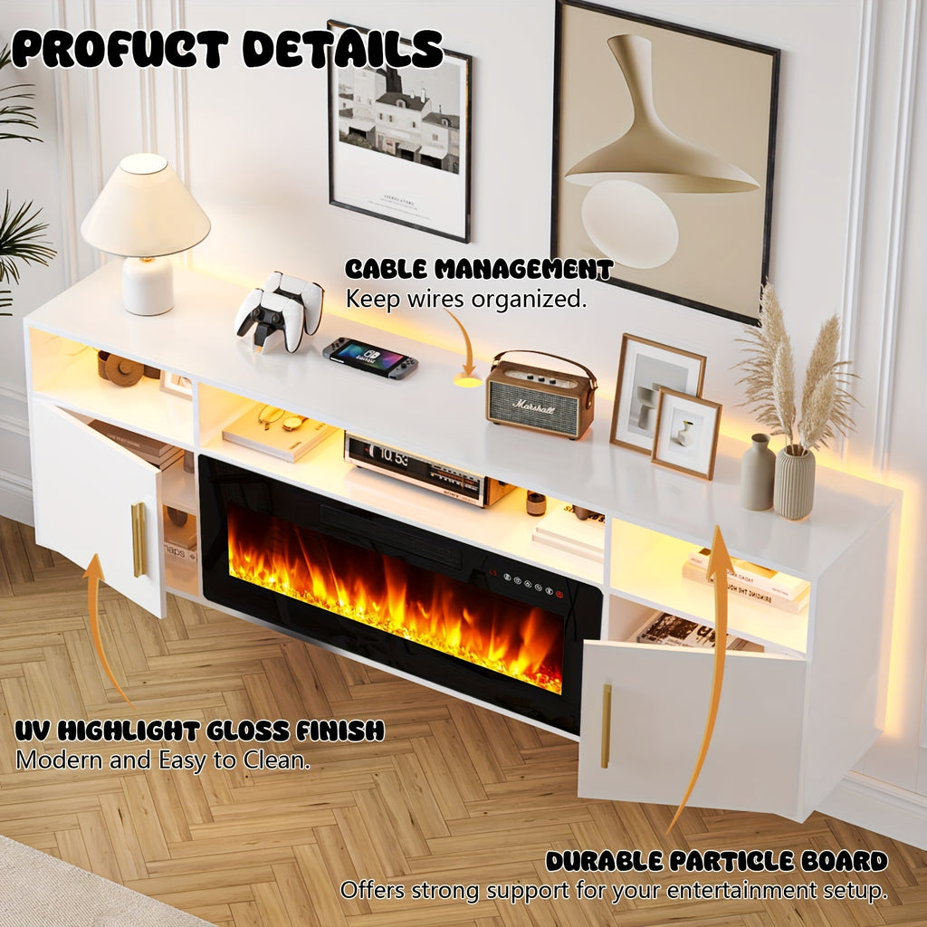Modern TV Stand 70'' Modern Wood Floating Fireplace TV Stand | Wall Mounted Shelf, LED Light Entertainment Center And Storage, Highlight Cabinet for Living Room