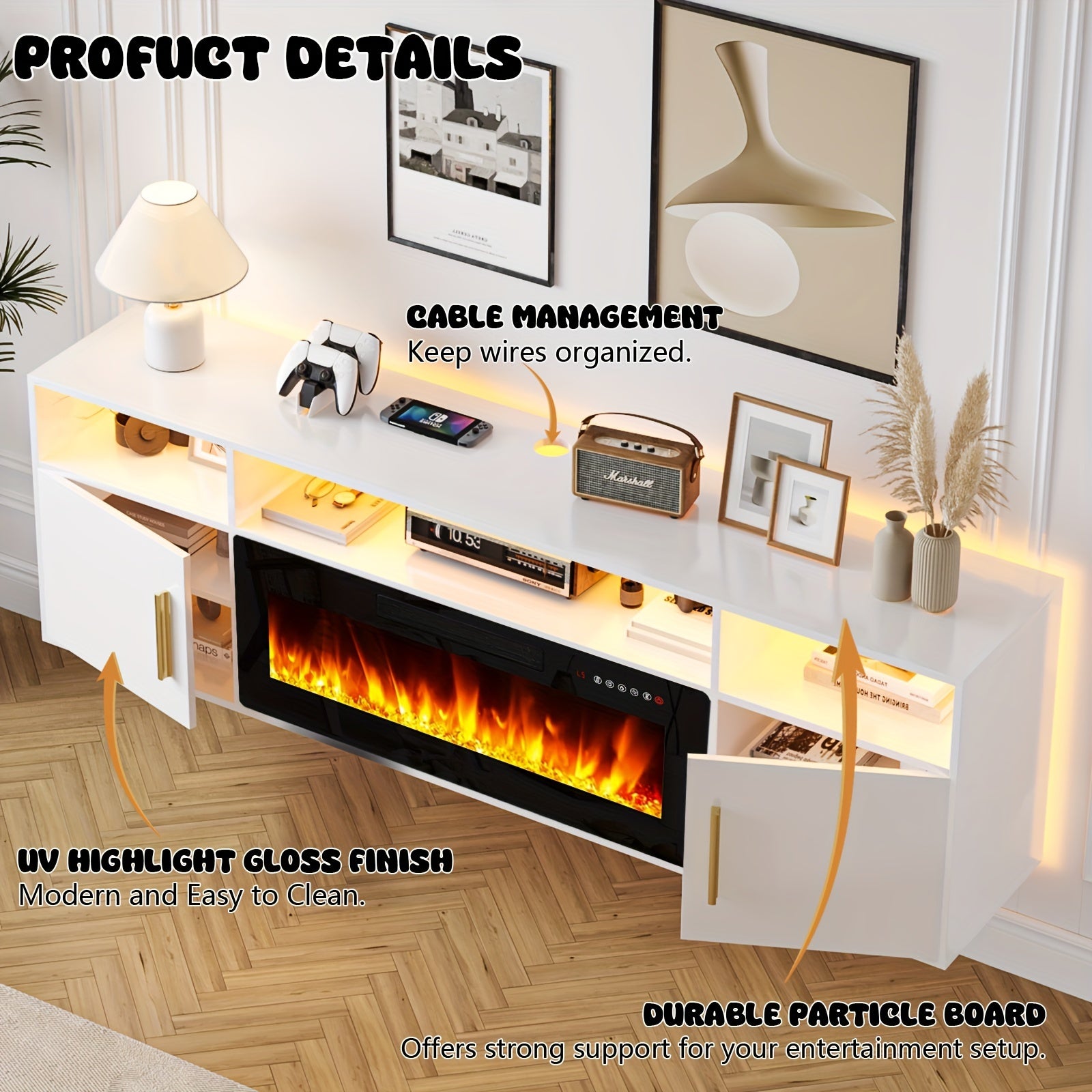 Modern TV Stand 70'' Modern Wood Floating Fireplace TV Stand | Wall Mounted Shelf, LED Light Entertainment Center And Storage, Highlight Cabinet for Living Room