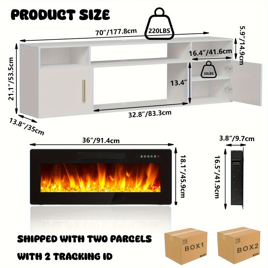 Modern TV Stand 70'' Modern Wood Floating Fireplace TV Stand | Wall Mounted Shelf, LED Light Entertainment Center And Storage, Highlight Cabinet for Living Room