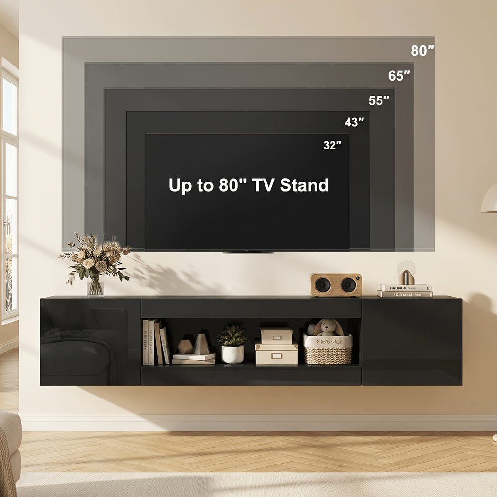 70 Inch Floating TV Shelf for Tvs Up to 75 Inch, Floating TV Stand with Storage Under TV for Living Room, TV Console Cabinet Wall Mounted, for Living Room, Black