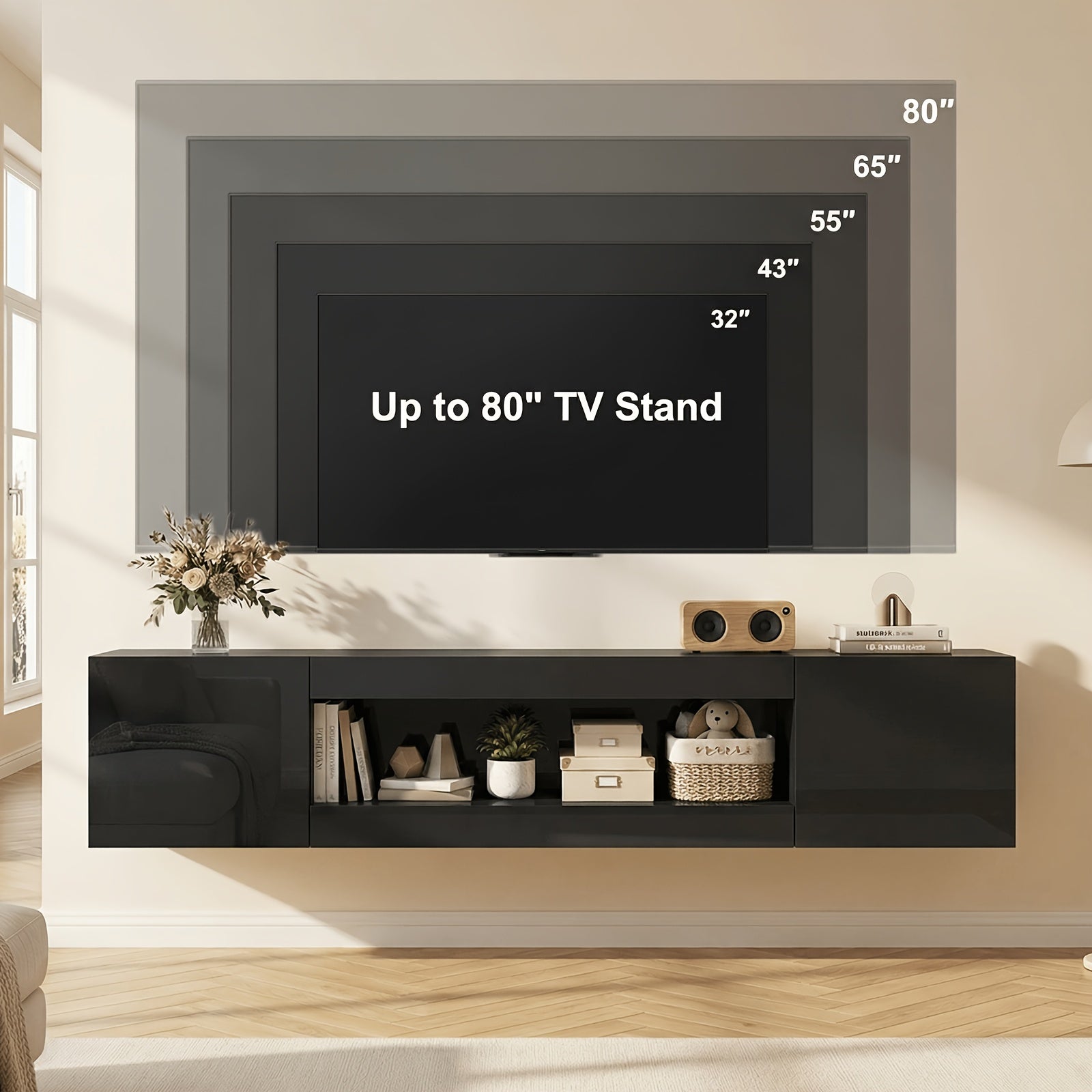 70 Inch Floating TV Shelf for Tvs Up to 75 Inch, Floating TV Stand with Storage Under TV for Living Room, TV Console Cabinet Wall Mounted, for Living Room, Black