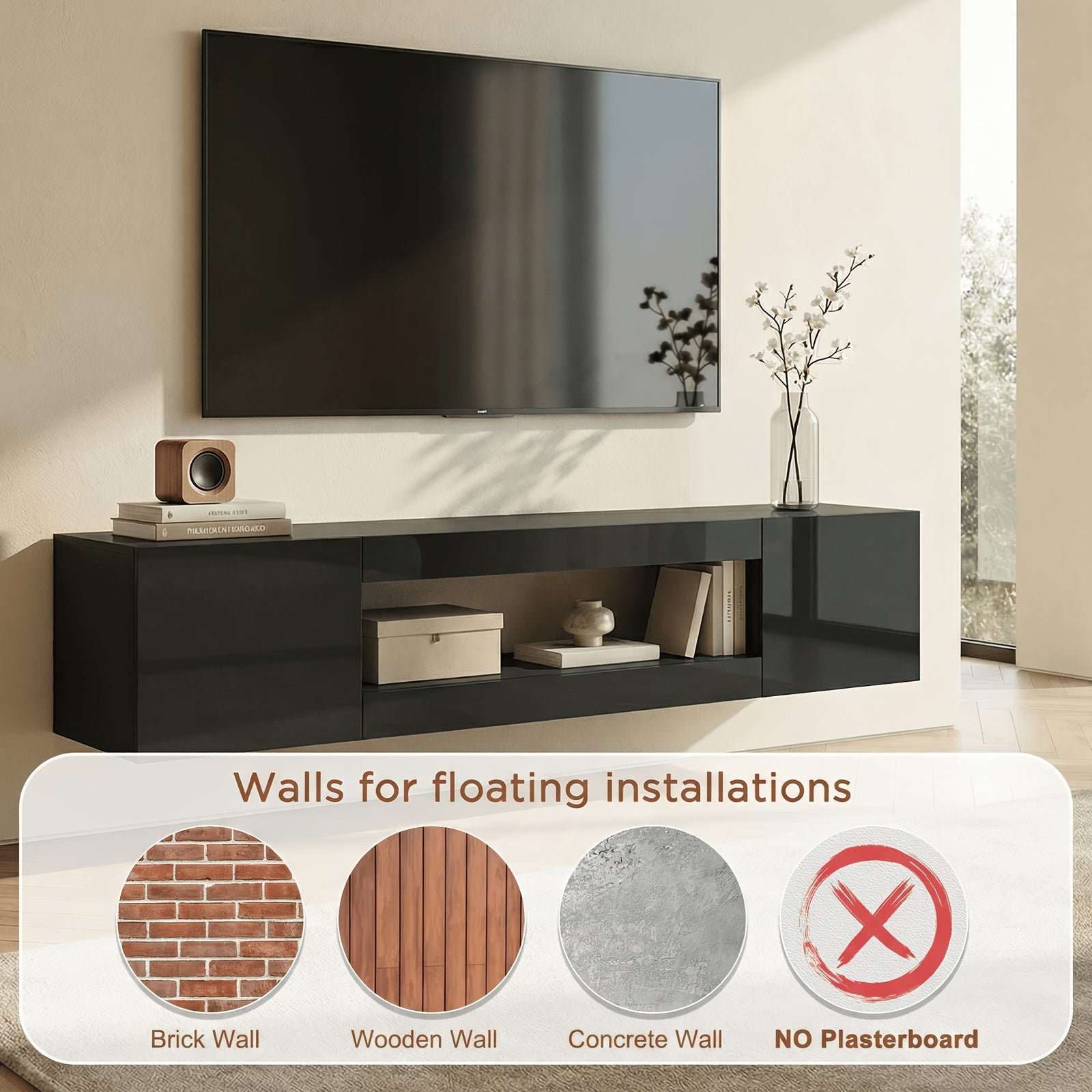 70 Inch Floating TV Shelf for Tvs Up to 75 Inch, Floating TV Stand with Storage Under TV for Living Room, TV Console Cabinet Wall Mounted, for Living Room, Black