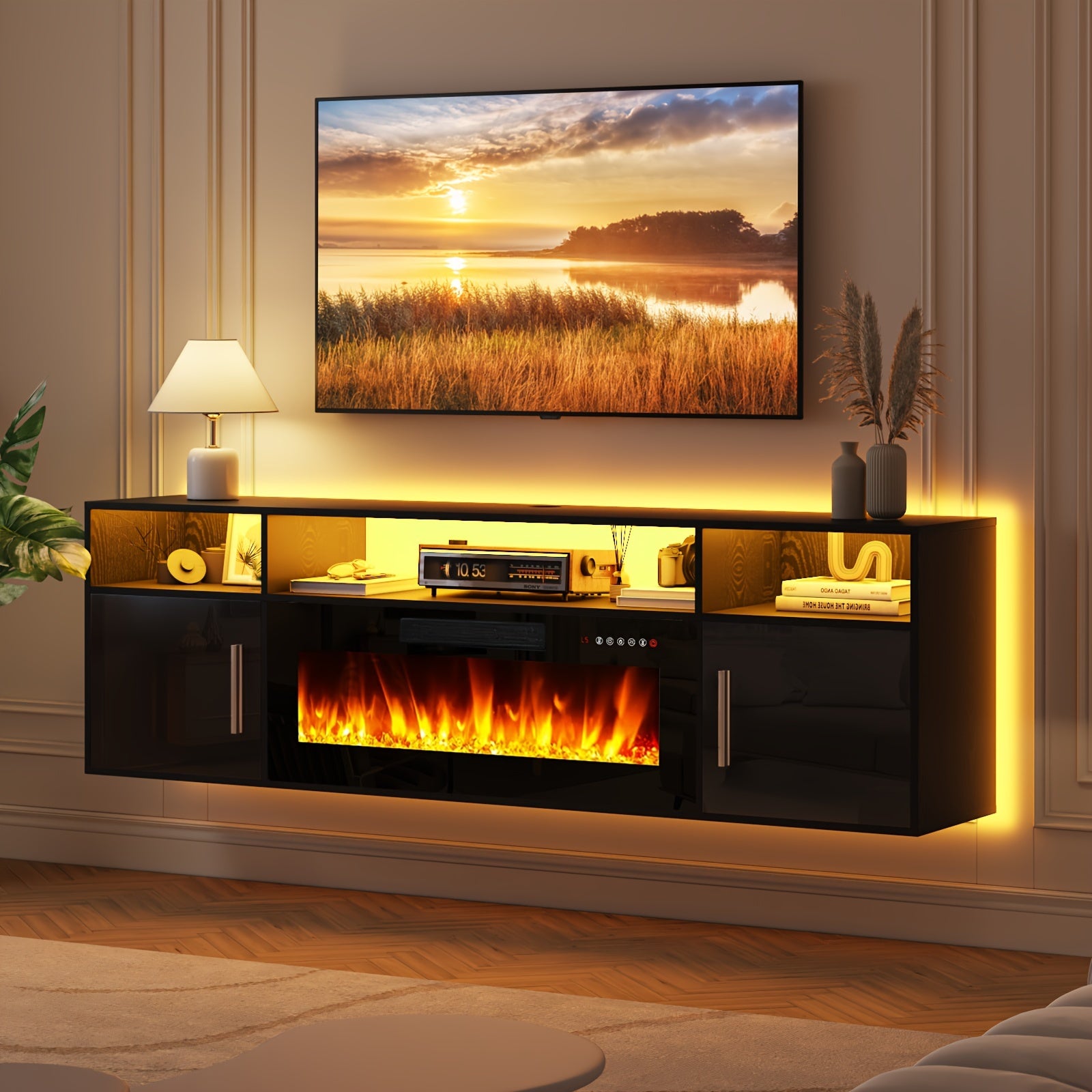 Modern TV Stand 70'' Modern Wood Floating Fireplace TV Stand | Wall Mounted Shelf, LED Light Entertainment Center And Storage, Highlight Cabinet for Living Room