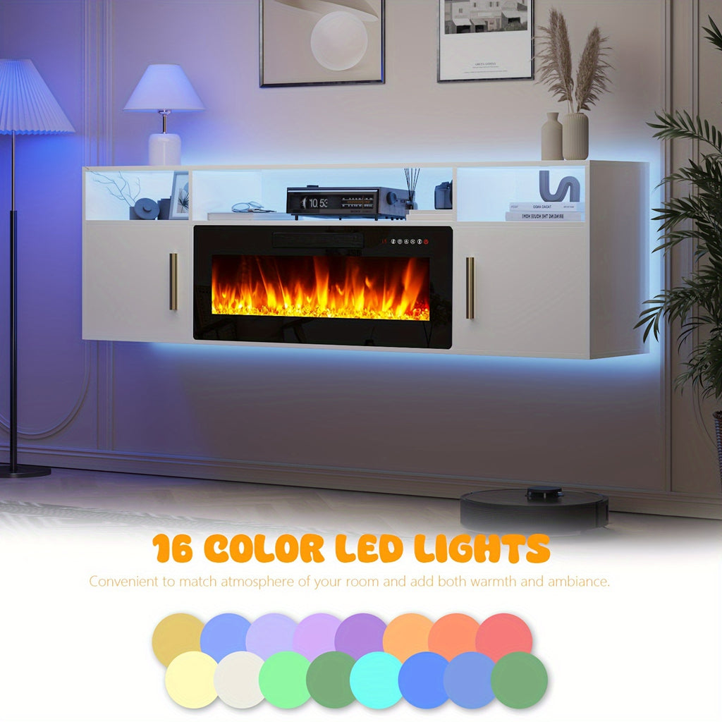Modern TV Stand 70'' Modern Wood Floating Fireplace TV Stand | Wall Mounted Shelf, LED Light Entertainment Center And Storage, Highlight Cabinet for Living Room