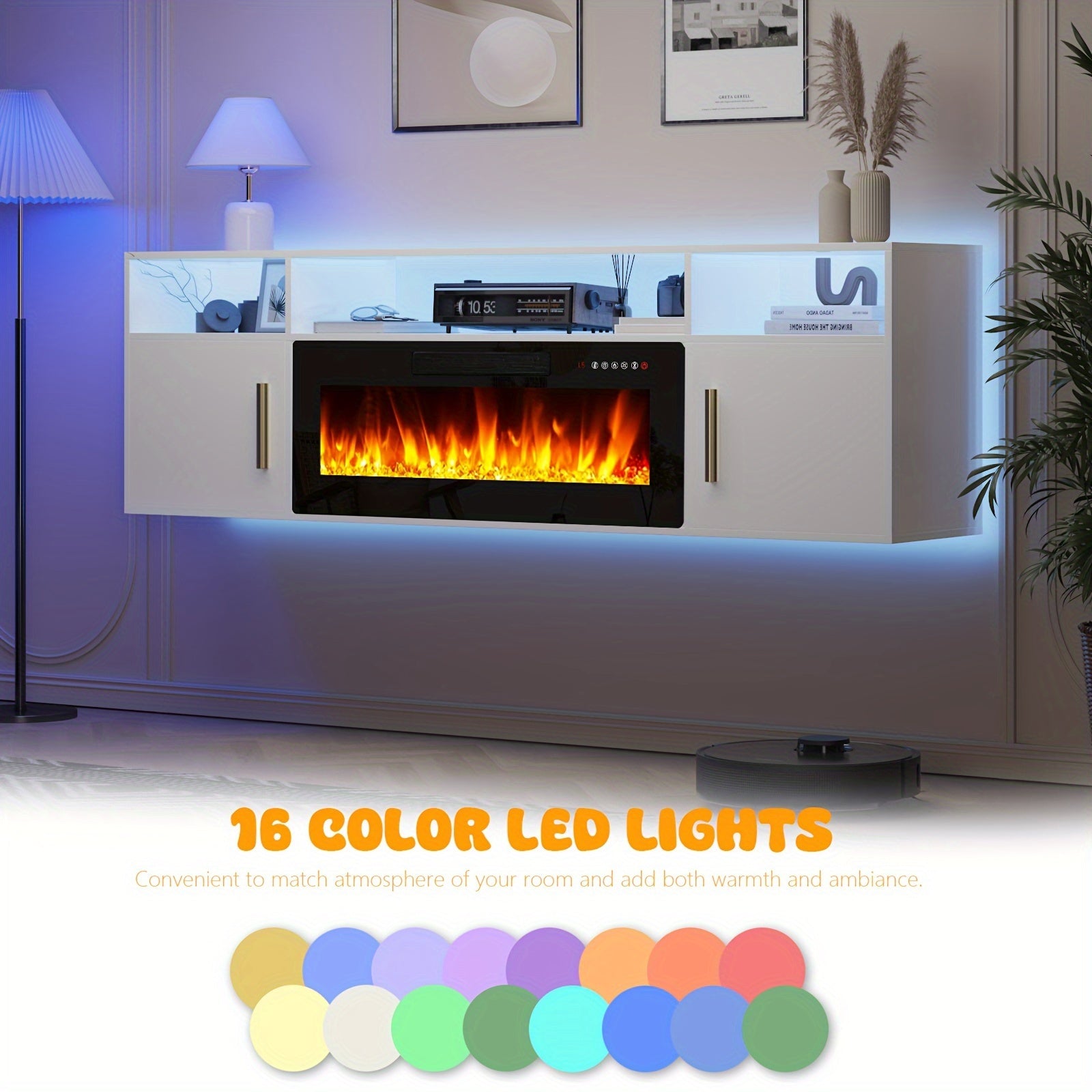 Modern TV Stand 70'' Modern Wood Floating Fireplace TV Stand | Wall Mounted Shelf, LED Light Entertainment Center And Storage, Highlight Cabinet for Living Room