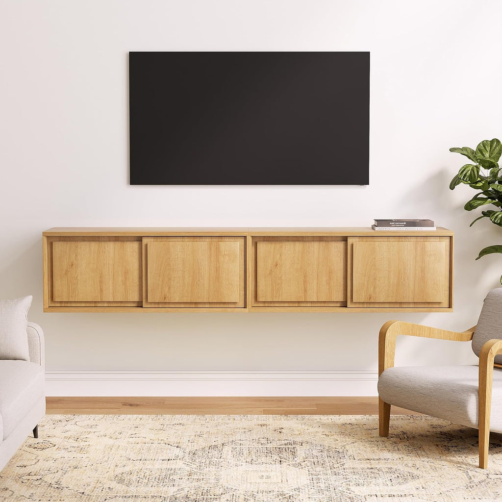 Modern Floating TV Stand, Accent Nightstands Wall Mounted Bedside Table Handless Storage Cabinet with Sliding Doors for Living Room Bedroom, Natural Oak